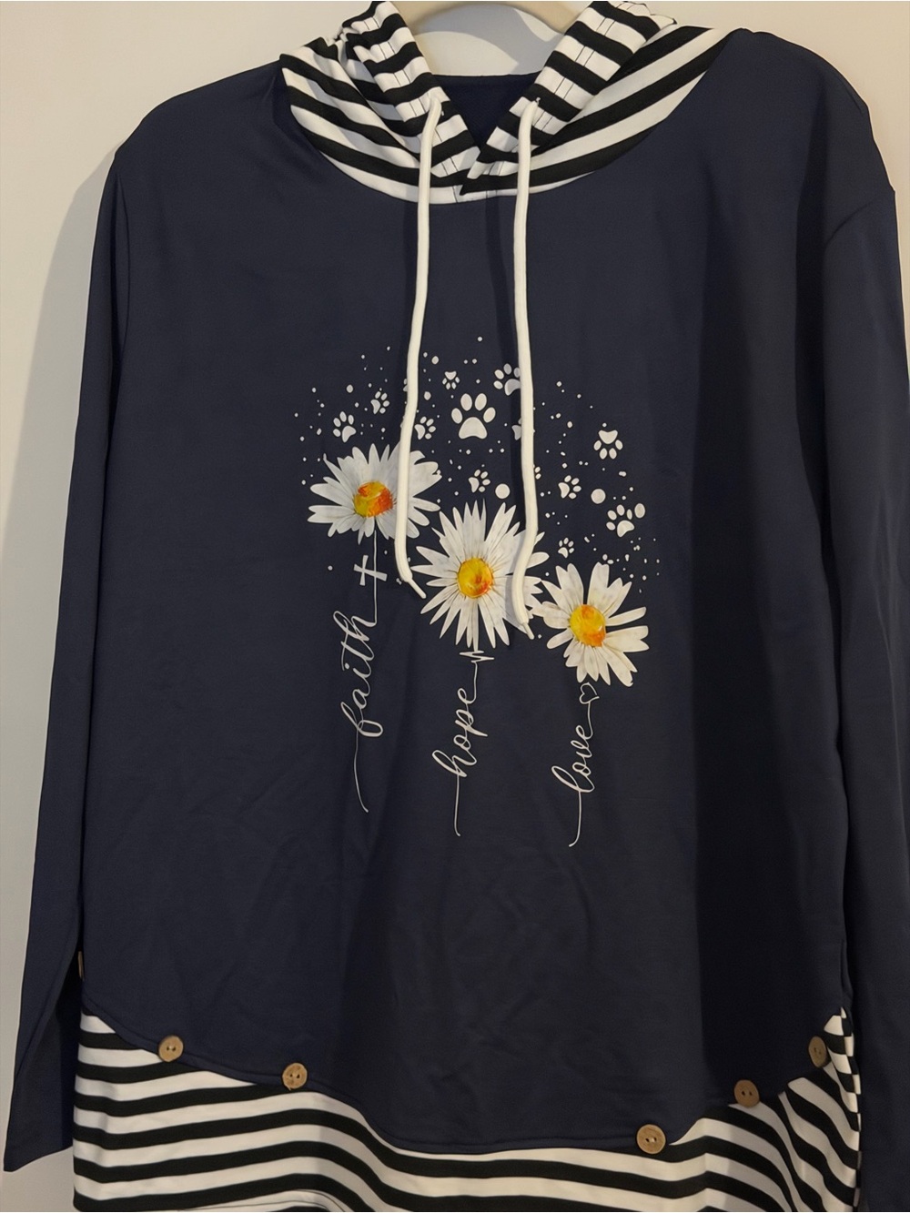 Faith Hope Love Daisy & Paw Print Hoodie Navy Blue with Striped Trim, Sz XL